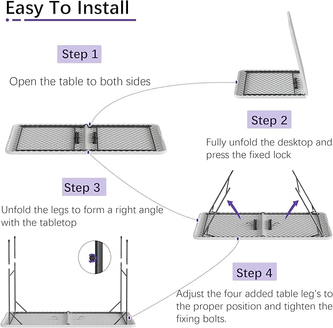 VECELO Folding Table 4 Foot with Mesh Bag, Indoor Outdoor Heavy-Duty Portable w/Handle,Fold-in-Half for Picnic, Party, Camping, White