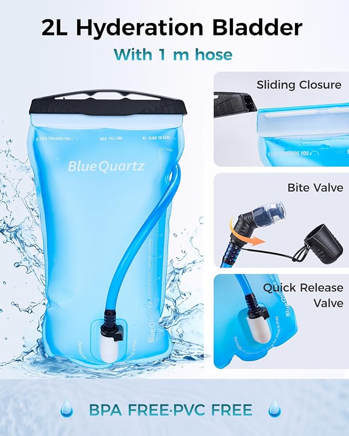 Blue Quartz Hydration Backpack with 2L Water Bladder - Lightweight Cycling & Running Pack for Men Women, Breathable Mesh Straps, L-Zip Wide Opening Hydration Pack for Quick Access