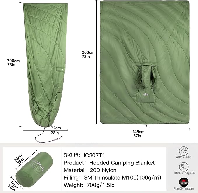 iClimb Hooded 3M Thinsulate Insulation Warm Camping Blanket Wearable Poncho Ultralight Compact
