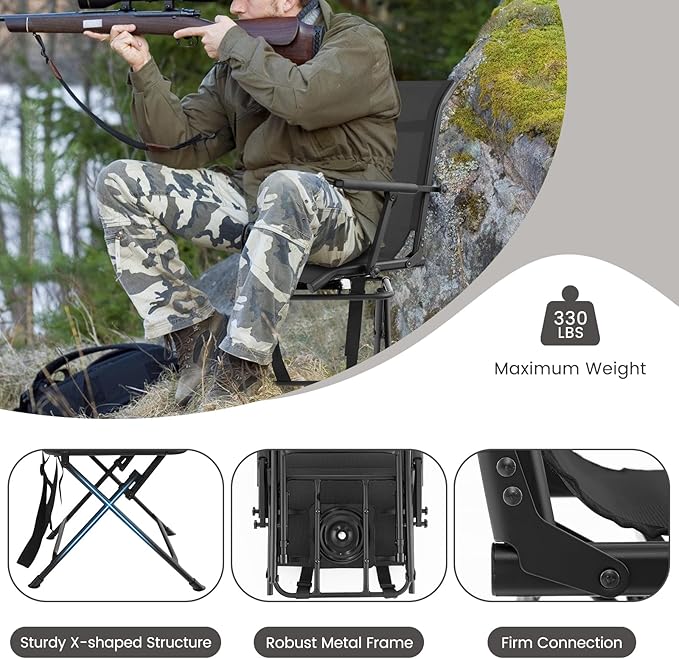 LDAILY Moccha Hunting Chair, 360° Swivel Blind Chair w/Armrest & Mesh Back, Non-Slipping Pads, Sturdy Metal Frame, 330LBS Capacity, Portable and Silent Folding Hunting Chairs for Blinds (Black)