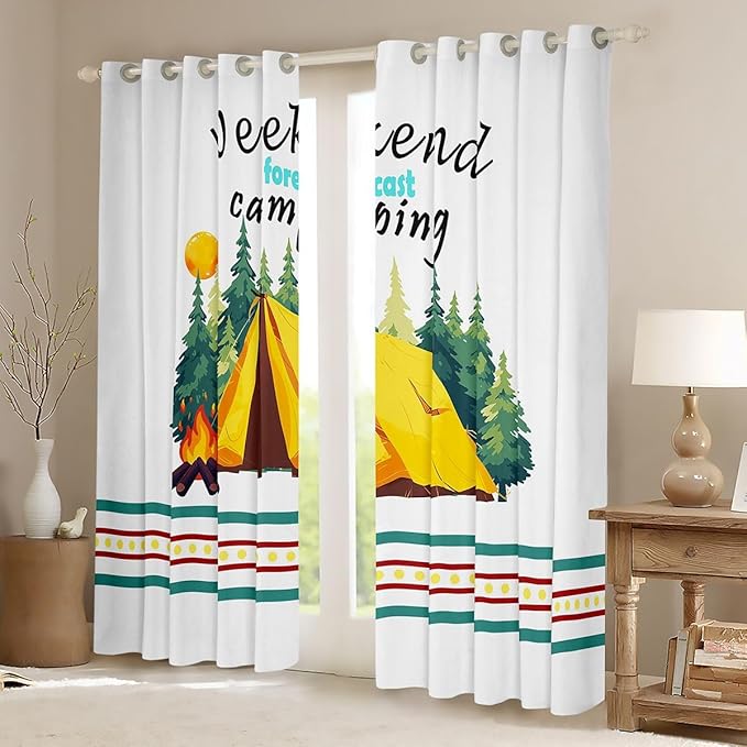 Happy Camping Adventure Kids Blackout Curtains,Tent Bonfire Campfire Pine Nature Window Drapes,RV Camper Trailer Summer Boys Girls Room Decor,Rustic Green 2 Panels,38Wx54L inch