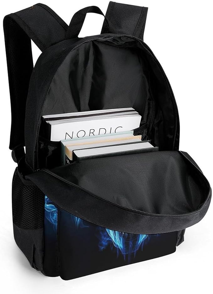 Lightweight Daypack for Camping Business Walking Cycling, Large Capacity Anti-Theft Multipurpose Bookbag, Blue Fire Flame Skull Gym Outdoor Hiking Backpack