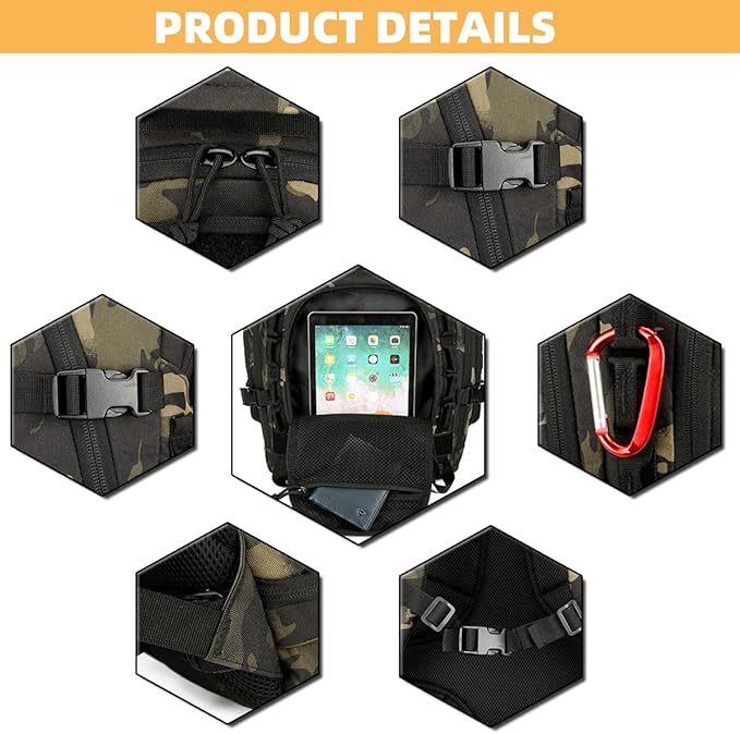 25L/45L Tactical Backpack Military Tactical Backpack Heavy Duty Molle Assault Pack for Work Gym Outdoors (2.0 45L-black camo, Large)