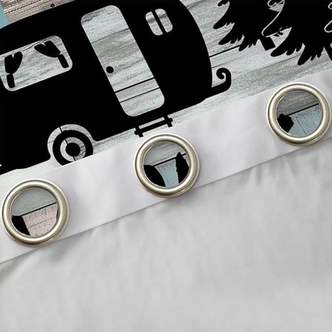 Happy Camping Adventure Blackout Curtains,Pine Tree Camper Silhouette Rustic Window Drapes,Wooden Plank Farmhouse Cabin Nursery Bedroom Playroom Decor,Blue 2 Panels,42Wx84L inch