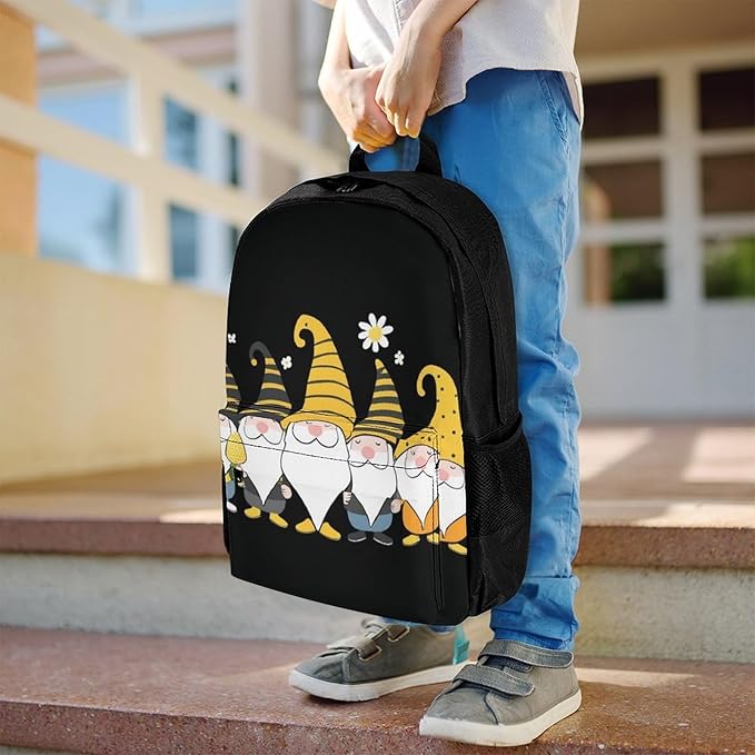 Supdreamc Lightweight Daypack Bookbag for Trekking Business Walking Cycling, Big Capacity Anti-Theft Multipurpose Carry On Bag, Sunflower Bee Cute Cartoon Gnome Black Business Computer Bag