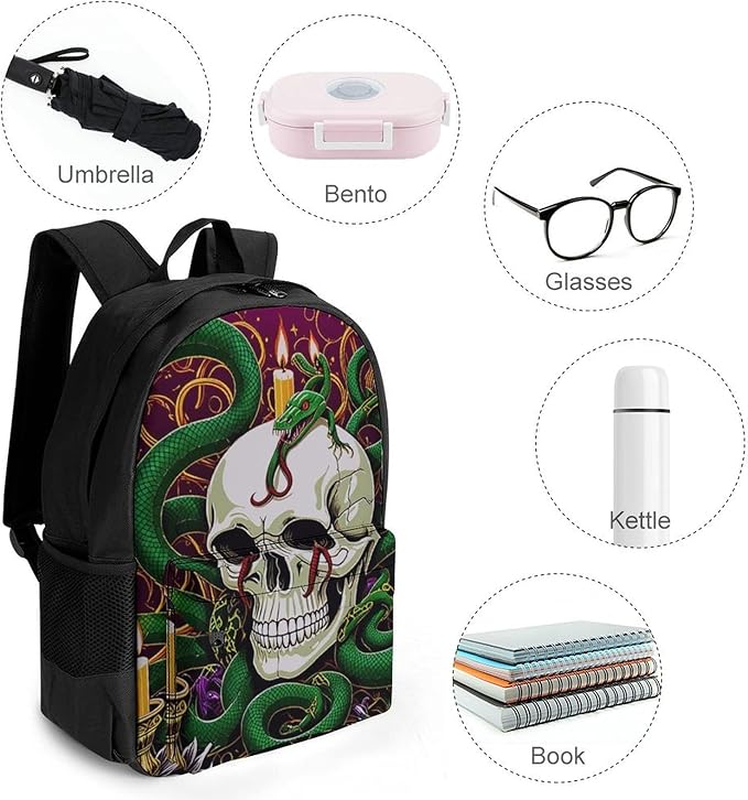 Supdreamc Women Men Polyester Medusa Skull Green Snake Art Casual Daypack Large Capacity Bookbag With Side Pockets for Sports Picnic Walking Cycling