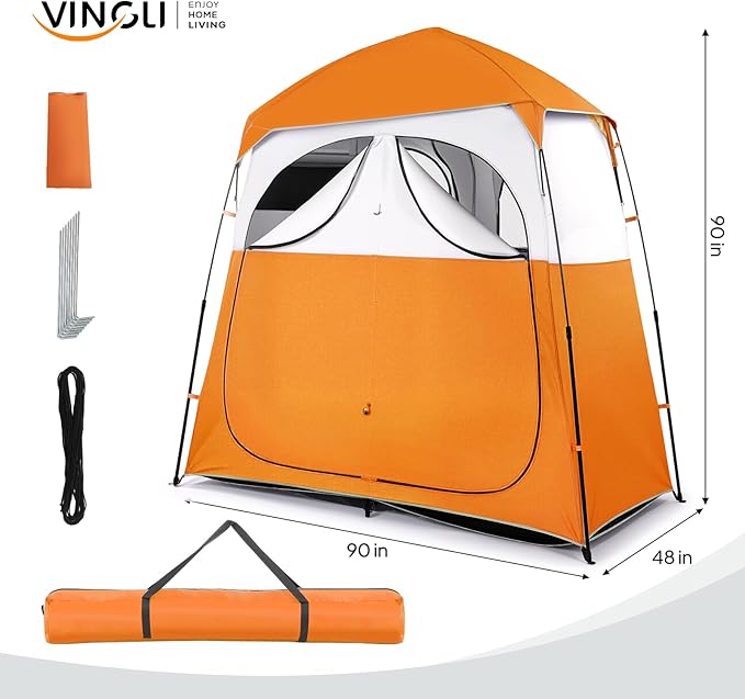 VINGLI 2 Room Shower Tent, 7.5 FT Instant Pop Up Shelter with Carrying Bag, Privacy Changing Room Tent,Perfect for Portable Toilet, Camping, Dressing, Outdoor Indoor, Easy Set Up
