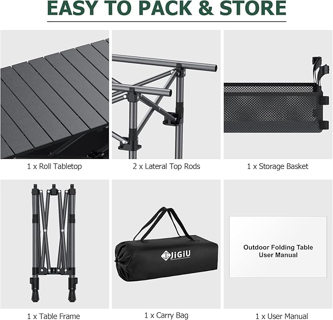 Folding Camping Table Portable Pinic Table 2 Level Height Adjustable Roll-up Tables Aluminum Foldable Camp Table with Storage Bag 4-6 Person Large Tables for Outdoor Indoor Hiking Camp BBQ Beach