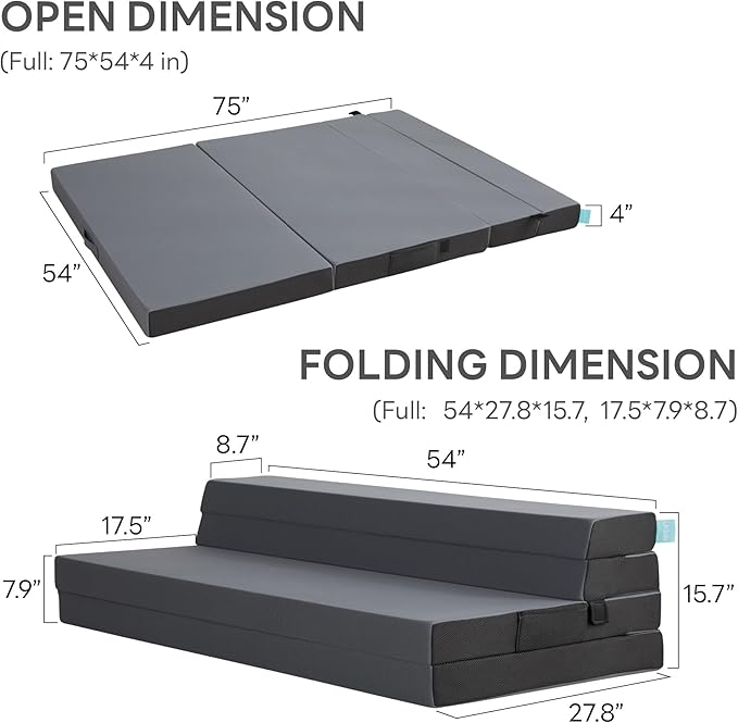 LIKIMIO Folding Mattress Full, High Density Foam Mattress with Breathable and Washable Cover & Storage Bag, 4 Inch Foldable Mat Topper for Camping, RV and Yoga, Handle Design, Gray