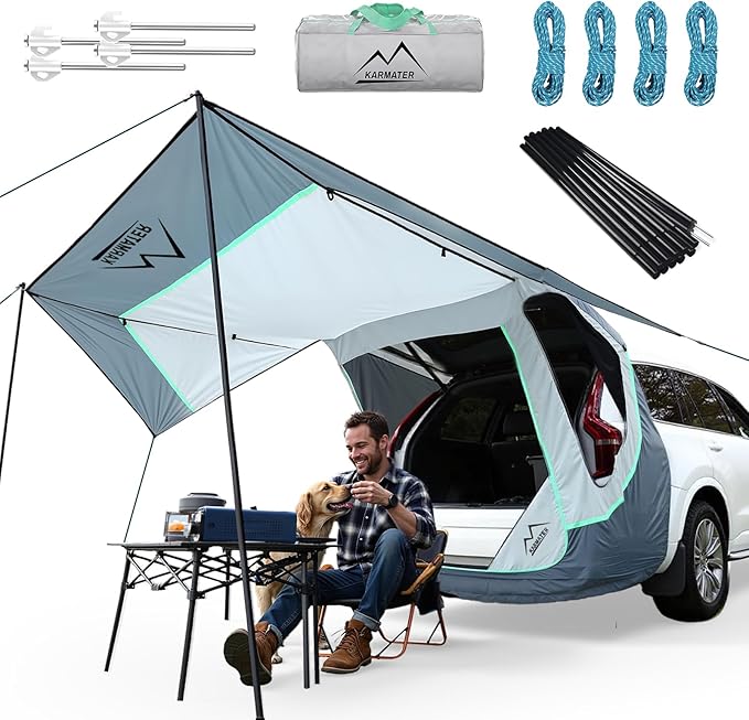 SUV Tailgate Tent with Poles &Three Sides Awning Shade & Transmittance Mosquito Net, Hatchback Camping Sunproof Car Tenting, Universal SUV Windproof Camping Gear Tent Outdoor Travel