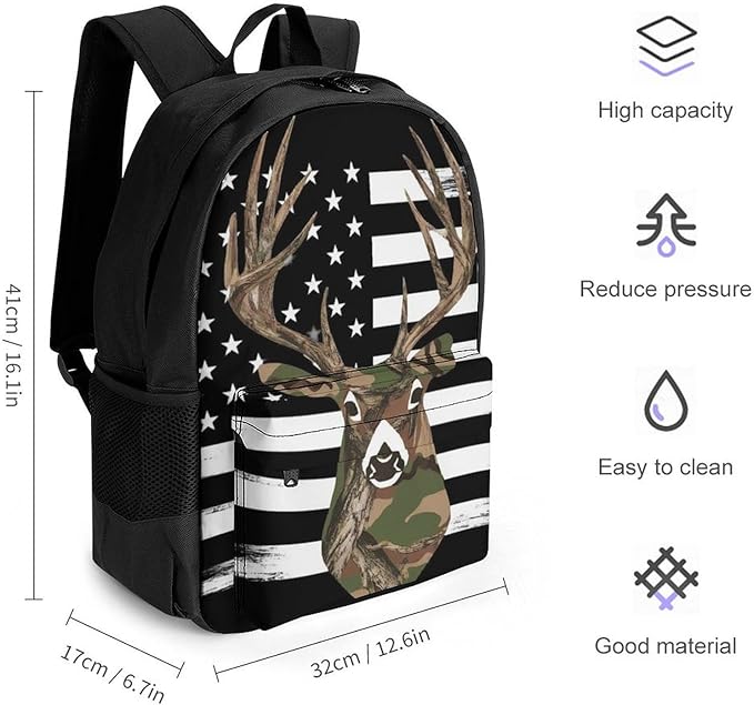 Supdreamc Lightweight Daypack Bookbag for Trekking Business Walking Cycling, Big Capacity Anti-Theft Multipurpose Carry On Bag, Camo Deer Hunting Camouflage Usa Flag Business Computer Bag