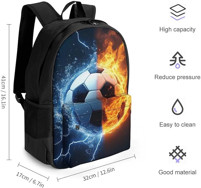 Polyester Daypack Backpack for Trekking Picnic Walking Cycling, Large Capacity Anti-Theft Multipurpose Shoulder Bag, Water And Fire Soccer Ball Casual Daypack
