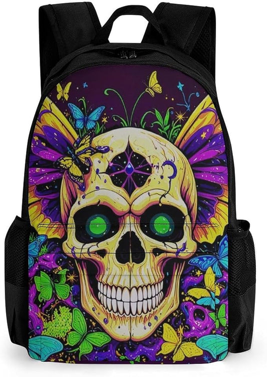 Rucksack Anti-Theft Multipurpose Large Capacity Carry On Bag, Skull And Butterflies Travel Hiking Bag Day Pack With Side Pockets
