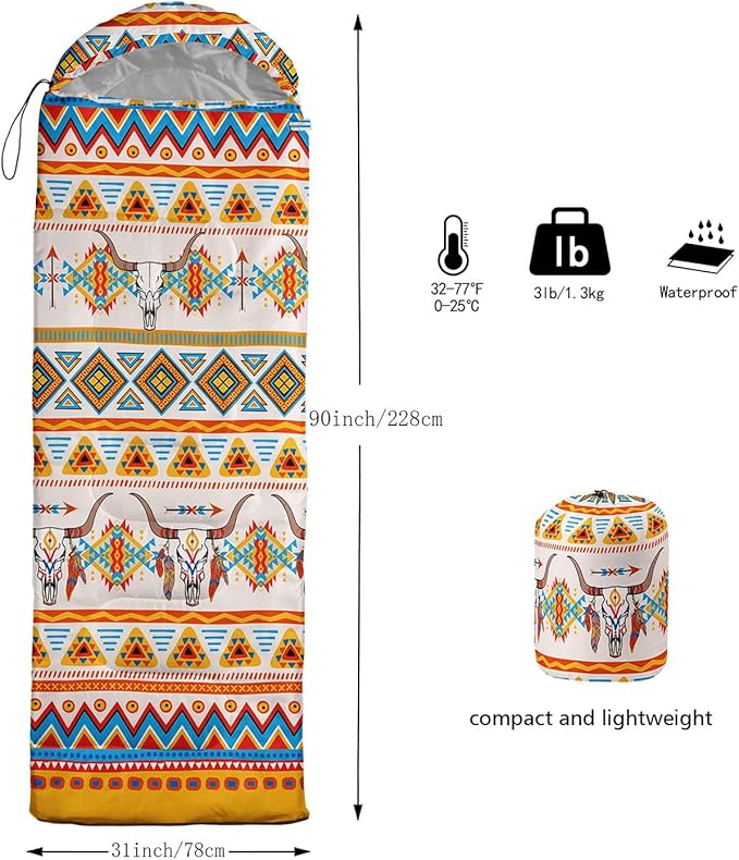 Kids Sleeping Bag for Boys Girls,Bohemian Cowboy Print-Lightweight Warm Portable Outdoor Indoor-Waterproof Cold Weather Resistant Sleeping Bag for Camping Hiking