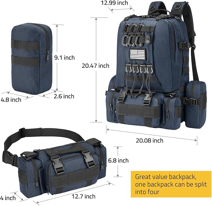 CVLIFE 60L Tactical Backpack for Men Women Military Large Army Rucksack With D-Ring Molle Clips Compass Accessories 3 Day Bug Out Survival Molle Bag Hiking Camping Gym Daypack Backpack, Blue