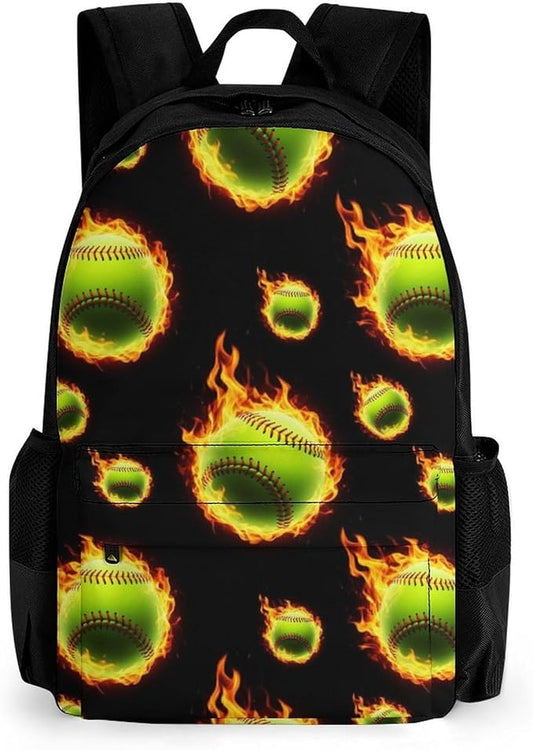 Supdreamc Men Women Lightweight Fire Flame Softball Baseball Casual Daypack Big Capacity Bookbag With Padded Straps for Gym Travel Walking Cycling