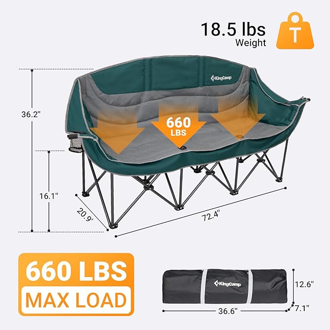 KingCamp 3 Person Camping Chair, Oversized 660lbs Heavy Duty Loveseat for Adults Portable Folding XL 2 Person Couch Padded Comfortable Three Seat with Cup Holder for Outdoor Lawn Backyard, Green/Grey