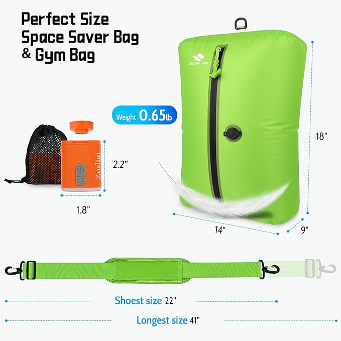 Zurligi Travel Vacuum Bags with Shoulder Strap & Mini Pump – IPX8 Waterproof Vacuum Seal Reusable 39L Carry-On Compression Bags for Clothes, Suitcase & Luggage(2-Pack, Green)