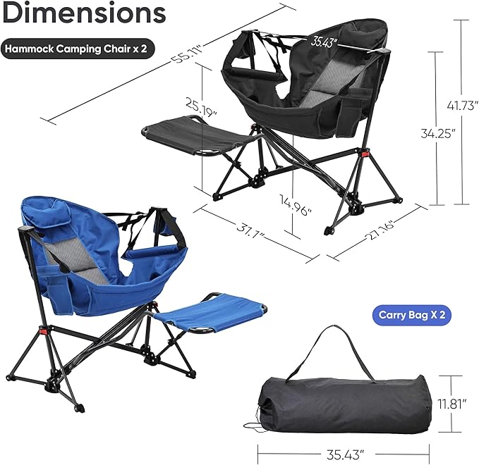Ainfox Hammock Camping Chair with Footrest, Heavy Duty Foldable Portable Rocking Hammock Chairs Outside Swinging Camp with Cup Holder Pillow for Outdoor Patio Poolside Black Blue