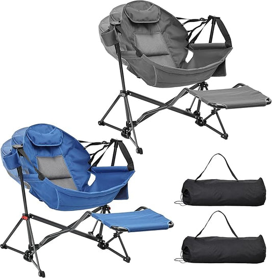 Ainfox Hammock Camping Chair with Footrest, Heavy Duty Foldable Portable Rocking Hammock Chairs Outside Swinging Camp with Cup Holder Pillow for Outdoor Patio Poolside Grey Blue