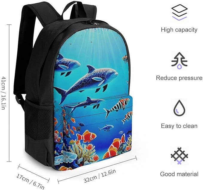 Rucksacks Multipurpose Anti-Theft Big Capacity Bookbag, Colorful Sea Ocean World Dolphin Tropical Fishes Coral Travel Hiking Camping Rucksack With Padded Straps