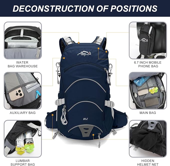 IX INOXTO 20L Hydration Backpack, Waterproof Hiking Internal Frame Backpacks with 2L Hydration Water Bladder and Rain Cover for Men, Lightweight Travel Daypack for Cycling,Camping,Ski (dark blue)