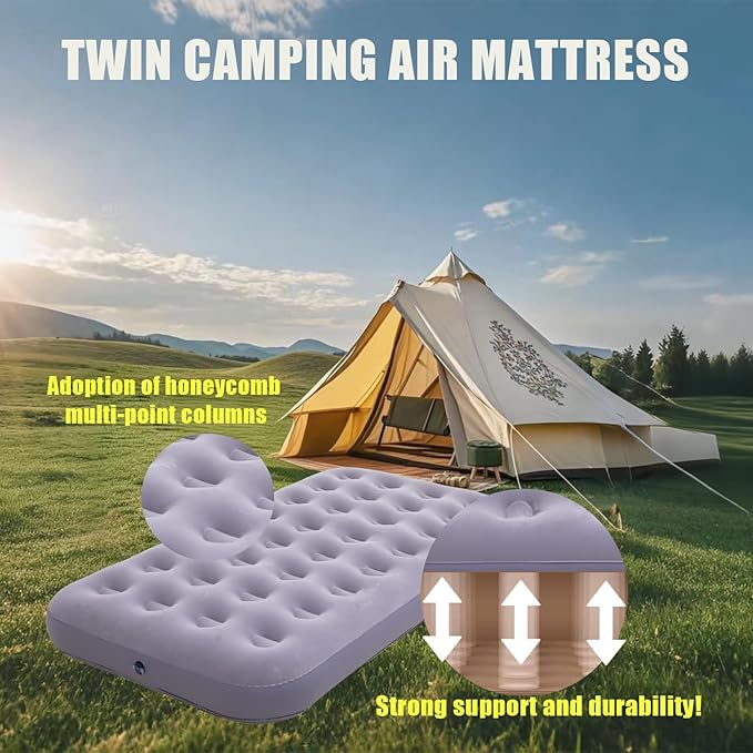 Twin Size Single Camping Air Mattress Bed with Air Pump,75"x 39"Thickened Portable Inflatable Mattress Blow Up Air Mattress,Travel Sleeping Bed Pad for Camping Home Hiking(Gray)