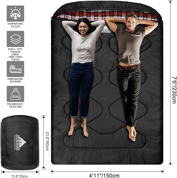 AGEMORE Cotton Flannel Double Sleeping Bags for Adults, Cold Weather Waterproof Queen Size Sleeping Bag, 2 Person Double Wide Warm Sleeping Bag for Family or Couples Outdoor Camping or RV Traveling