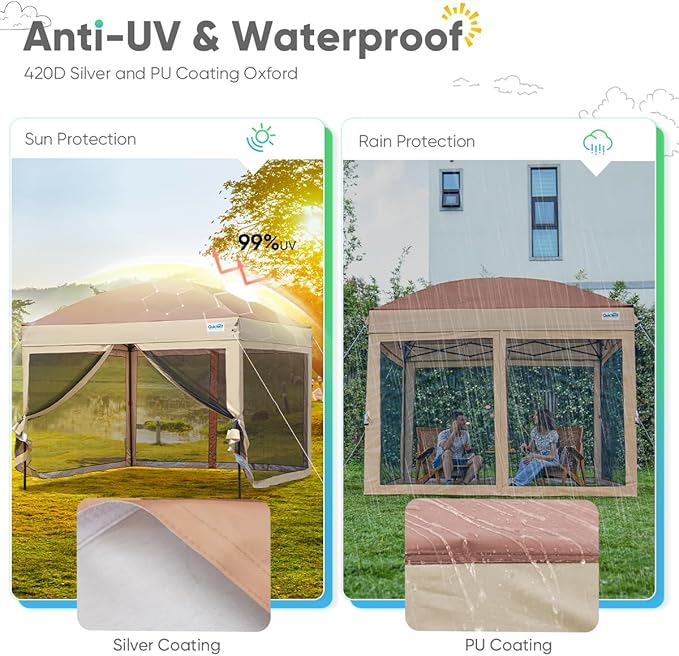 Quictent 10x10 Pop up Canopy Tent with Netting, Auto-Close Magnetic Doors, One Person Instant Setup Screen House Room Tent Screened Waterproof
