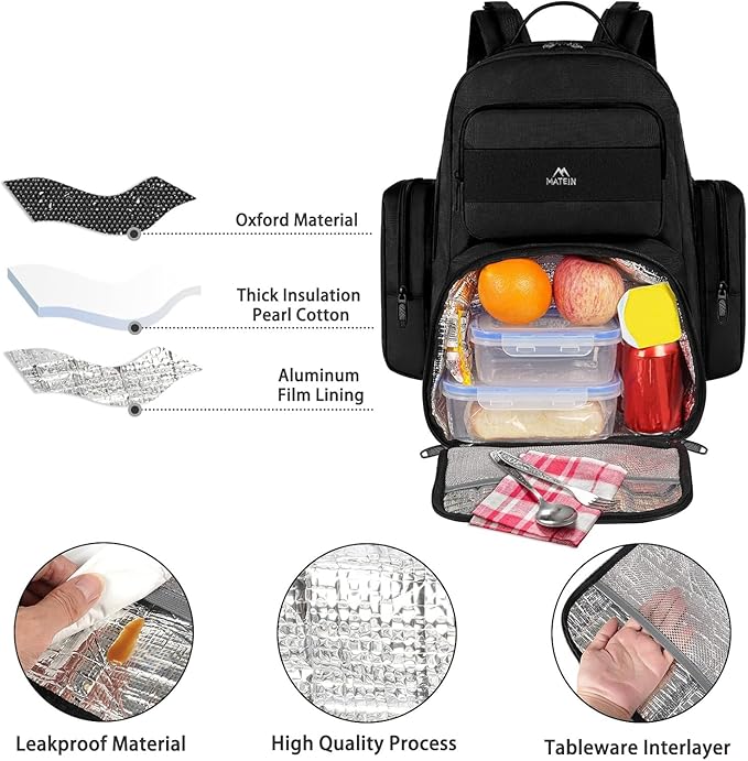 MATEIN Lunch Backpack for Men Work, 15.6 Inch Tactical Backpack with Lunch Compartment, Large Laptop Backpacks with Insulated Cooler Bag for Travel Beach Camping Picnic Hiking, Black