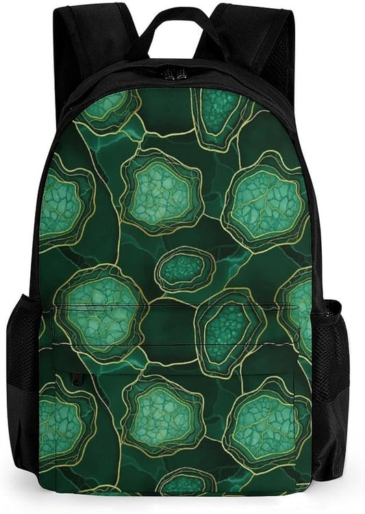 Supdreamc Lightweight Backpack for Gym Travel Bicycle, Big Capacity Multipurpose Anti-Theft Carry On Bag, Emerald Marbled Gold Glitters Green Marble Travel Hiking Bag Day Pack