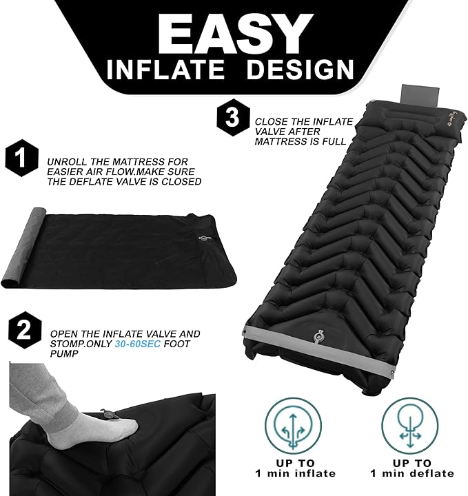 Sleeping Pad with Pillow, Self Inflating Extra-Thick, Ultralight Sleeping Mat, Built-in Pump, Ultimate for Camping, Hiking, Traveling, Airpad, Carry Bag, Compact & Lightweight Air Mattress (Black)