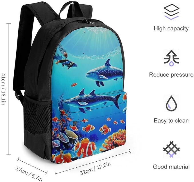Daypack Anti-Theft Multipurpose Large Capacity Shoulder Bag, Colorful Sea Ocean World Dolphin Tropical Fishes Coral Travel Hiking Camping Rucksack With Smooth Zippers