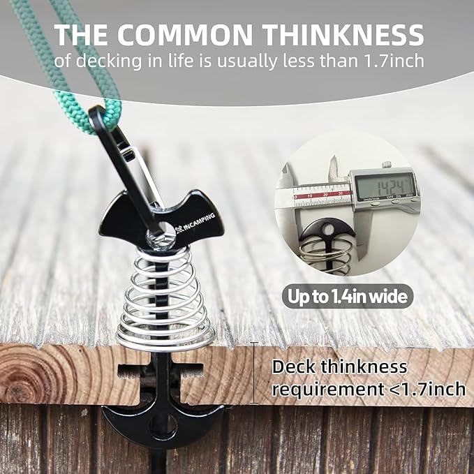 Deck Anchors with Carabiners XINCAMPING 12pcs Aluminum Deck Tie Down Anchor, Fishbone Stake Tent Stakes,Windproof Rope Tighteners & Adjusters for Tents, Canopies, Camping Furniture Black