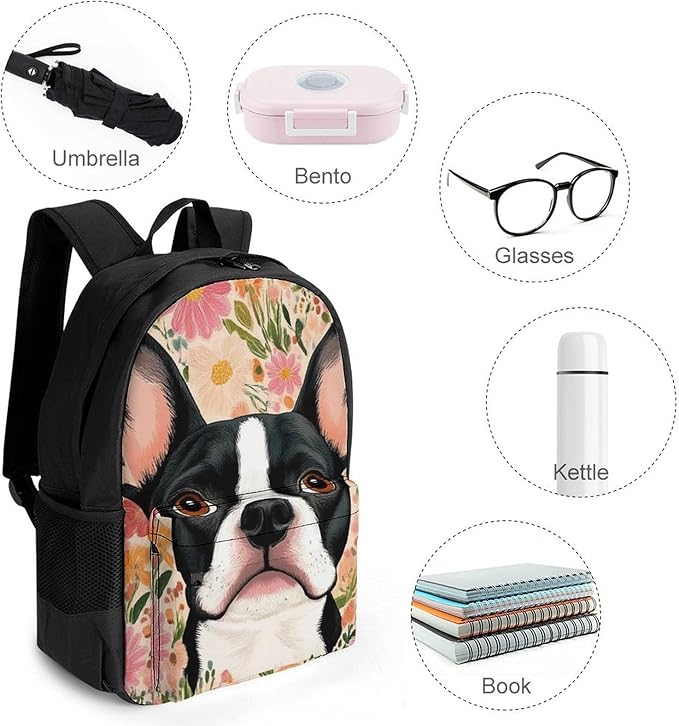 Supdreamc Men Women Lightweight Boston Terrier Floral Backpack Large Capacity Carry On Bag With Padded Straps for Sports Work Walking Cycling