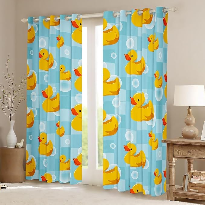 Cute Cartoon Ducks Window Curtain | Duck Shower Window Drapes for Women Bedroom Decor,Blue Grids Blackout Curtains Beach Party Living Room Top 2 Panels,52Wx90L