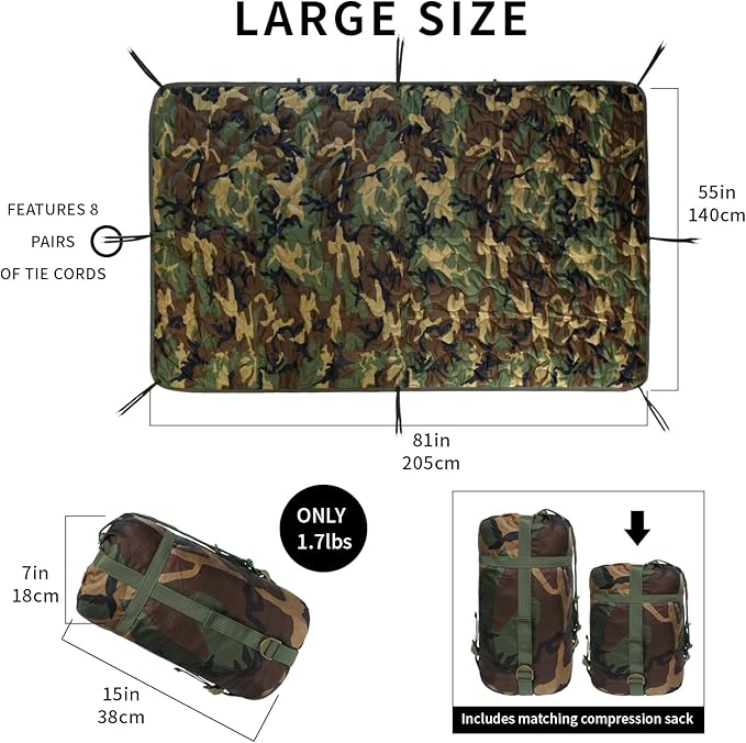 Camo Poncho Liner, Army Blanket, Military Sleeping Bag, with A Compression Carrying Bag, for Traveling, Hiking, Camping, Outdoor Survival, Car Blanket
