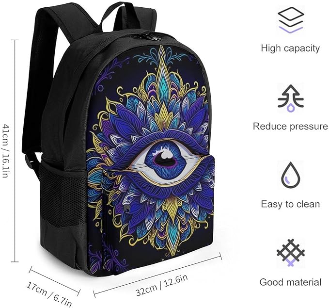 Supdreamc Men Women Polyester Abstract Symbol Of All Seeing Eye Boho Indian Ethnic Style Daypack Big Capacity Shoulder Bag With Smooth Zippers for Hiking Work Walking Cycling