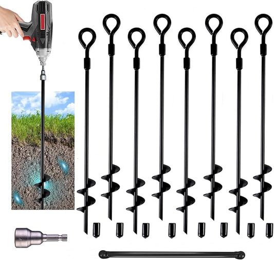 MIXXIDEA18 Inch Ground Anchors Screw in Folding Ring Spiral Metal Ground Stakes Dog Tie Out Stake Spiraling Anchor Trampoline Anchors for Tent (black-8pk)