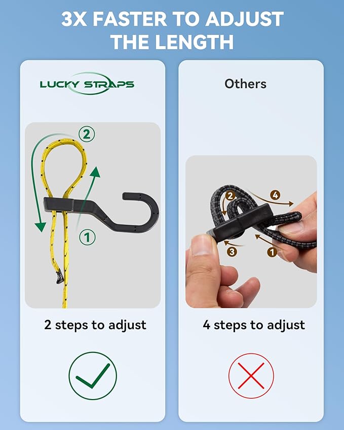 4 Pack 4 Way Flat Adjustable Bungee Cords with Hooks, Easy to Adjust The 4 Sides Length, Lucky Straps 30 Inch Black/Yellow Heavy Duty Tack Strap for Bike, Motorcycle, Roof Rack, Kayak, Cargo, etc
