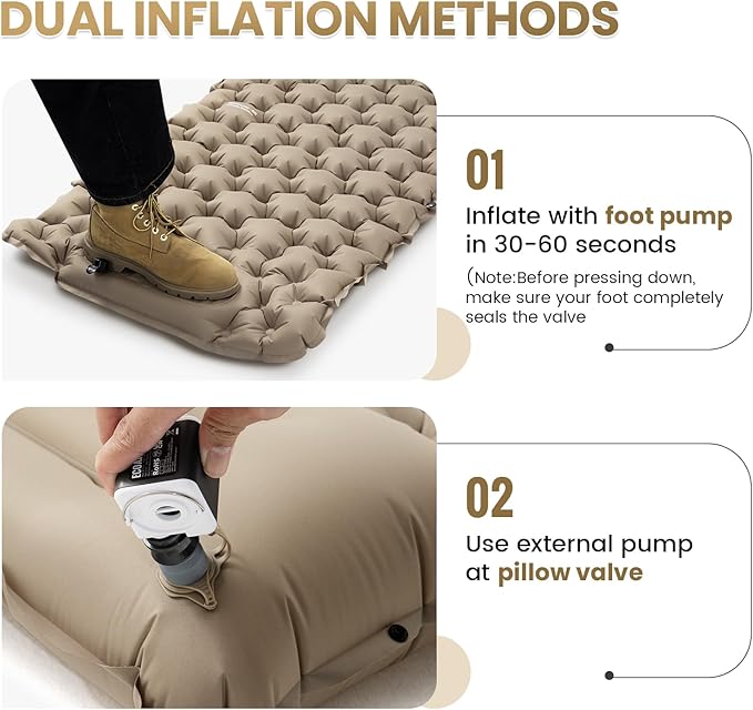 ONETIGRIS BLACKCRYSTAL Camping Sleeping Pad with Built-in Foot Pump, Inflatable Sleeping Pad with Built-in Pillow, Connectable Camping Air Mattress for Backpacking, Hiking,Tent Camping, Lightweight