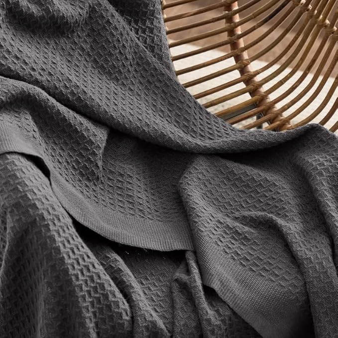 Bedsure Gentlesoft 100% Cotton Blanket Twin XL Size for College Dorm - Breathable and Soft, Waffle Weave Twin Blanket for Summer, Dorm Room Essentials, Dark Grey, 66x90 inches