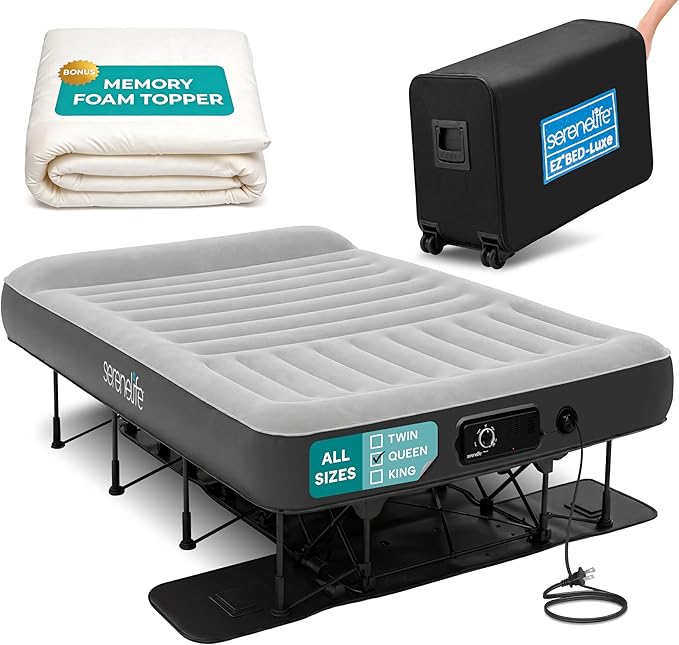 SereneLife (Queen) EZ Bed Luxe Air Mattress with Frame and Rolling Case - Luxury Series with Bonus Memory Foam Cover, Constant Comfort Pressure Maintaining Pump, Built-in Headrest, Wall Plug AC