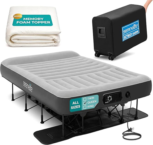 SereneLife (Queen) EZ Bed Luxe Air Mattress with Frame and Rolling Case - Luxury Series with Bonus Memory Foam Cover, Constant Comfort Pressure Maintaining Pump, Built-in Headrest, Wall Plug AC