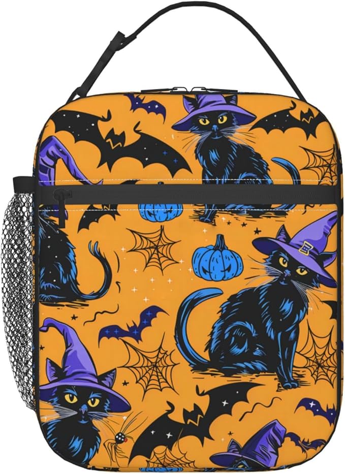 Reusable Black Cat Lunch Box for Kids Girls Boys Women Adult, Insulated Cute Lunch Bag,Polyester Cooler Pumpkin Handbags Case for School Picnic Work Travel Beach or Hiking (Halloween Orange)