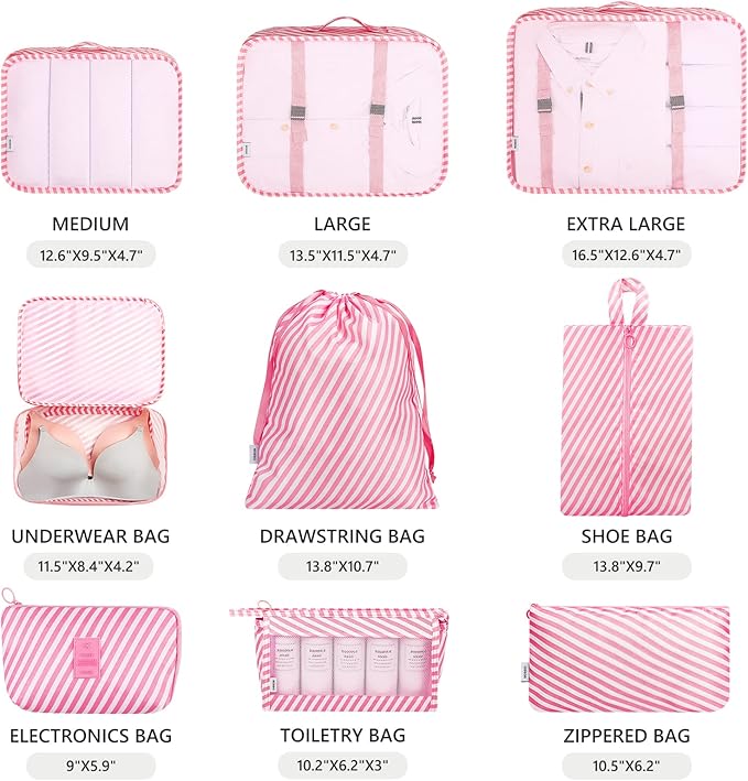 Mossio 9 Set Packing Cubes with Shoe Bag & Electronics Bag - Luggage Organizers Suitcase Travel Accessories