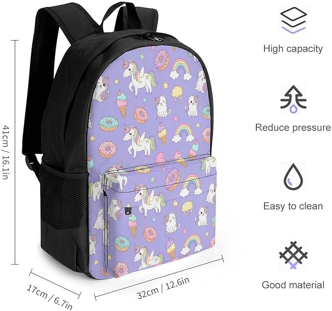 Daypack Backpack Polyester Anti-Theft Multipurpose Purple Donuts Unicorns Bookbag Big Capacity Travel Hiking Camping Rucksack With Smooth Zippers