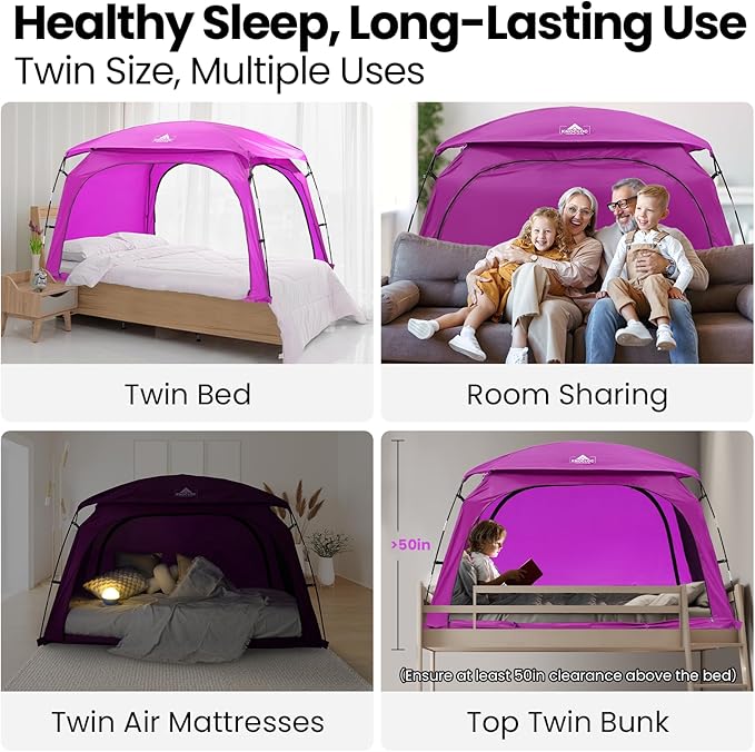 Twin Bed Tent for Girls Deeper Sleep & Privacy, with Built-in Fan Pocket for Improved Airflow, CPC Certified Princess Bed Tent for Kids Sleepover & Room Sharing, Lightweight & Easy Setup(Pink)