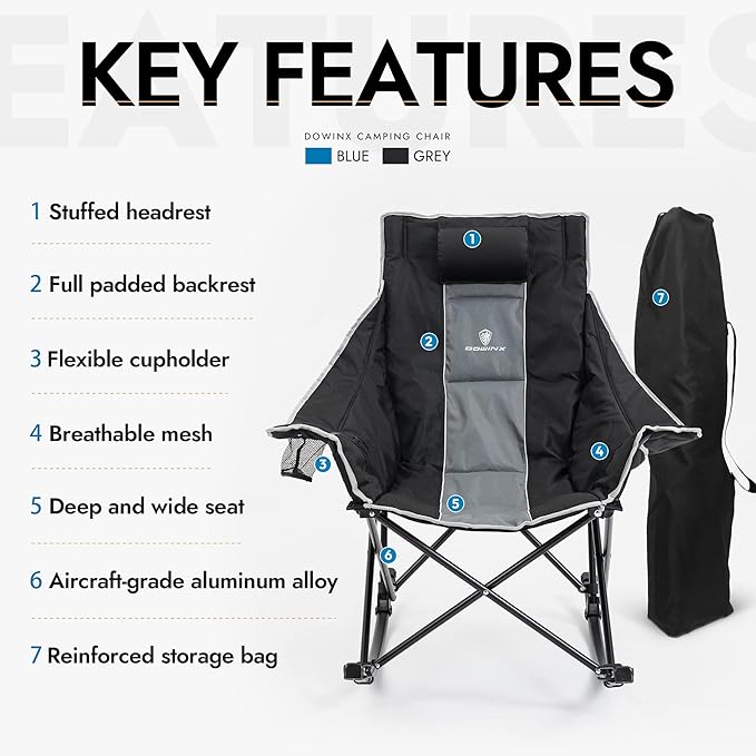 Dowinx Oversized Rocking Camping Chair, Fully Padded Patio Chair with Side Pocket and Carry Bag, High Back Portable Lawn Recliner with Headrest, Support 300 lbs, Grey