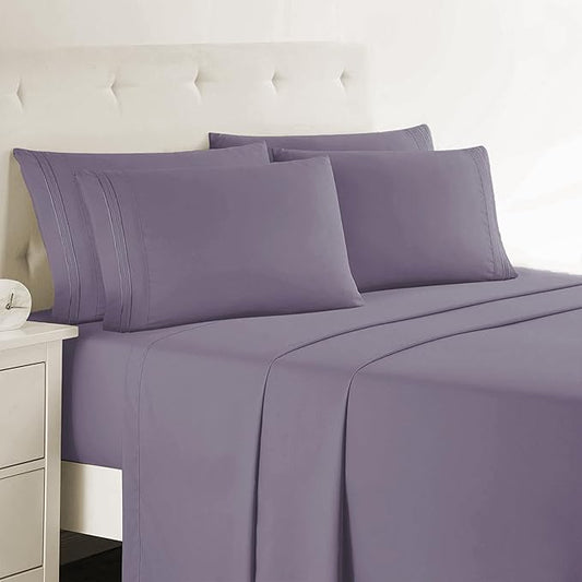 Clara Clark Queen Sheets - Hotel Luxury 6 Piece Bed Sheets for Queen Size Bed - Soft Bedding Sheets & Pillowcases, Fits Mattress up to 16 inch deep. Queen, Grayish Purple